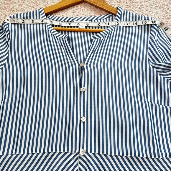J Jill Blue White Striped Button Down Shirt Roll Tab Sleeves Size Medium Office - Picture 7 of 13
